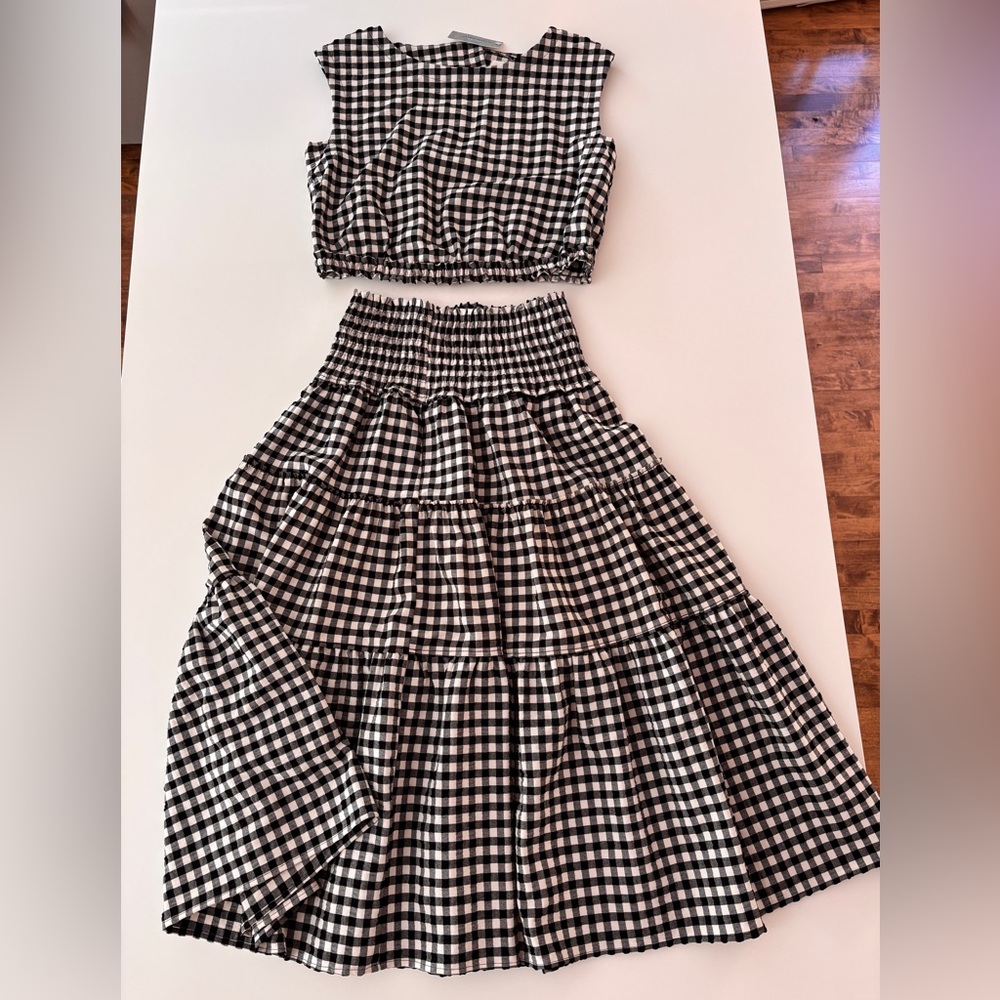NWT Anthropologie Maeve Black & White Checkered Gingham Skirt Set, sz XS Petite